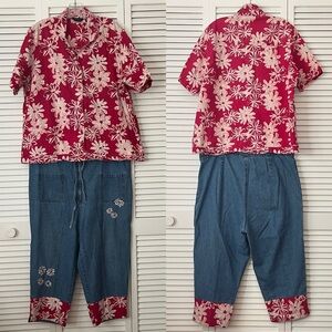 AGAPO Collection Denim Capri Pant Set Embroidered Boho Floral contrast Size 1X